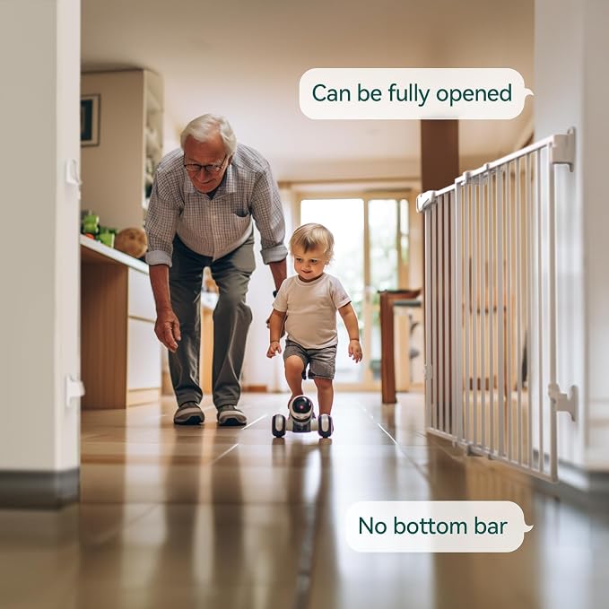 Babelio 31.5-55" No Bottom Bar Baby Gate Extra Wide, 2-in-1 Auto Close Dog Gate for The House, Stairs and Doorways, with Large Walk Thru Door, White | Easy Install| One-handed Opening| Auto-close| Drill Needed Indoor Safety Dog/Pet Gate for Stairs, Hal...