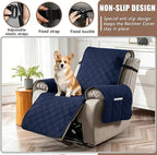 100% Waterproof Recliner Chair Cover, Non-Slip Washable Recliner Slipcover with Elastic Straps & Side Pocket, Stay in Place Furniture Protector for Dogs Cats Kids (Navy Blue, 23)