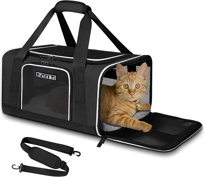 Petskd Small Pet Carrier 17" L x 11" W x 9.5" H Airline Approved, Black | for Alaska Airlines, Lockable Safety Zippers and Anti-Scratch Mesh, Pets Under 10 lbs