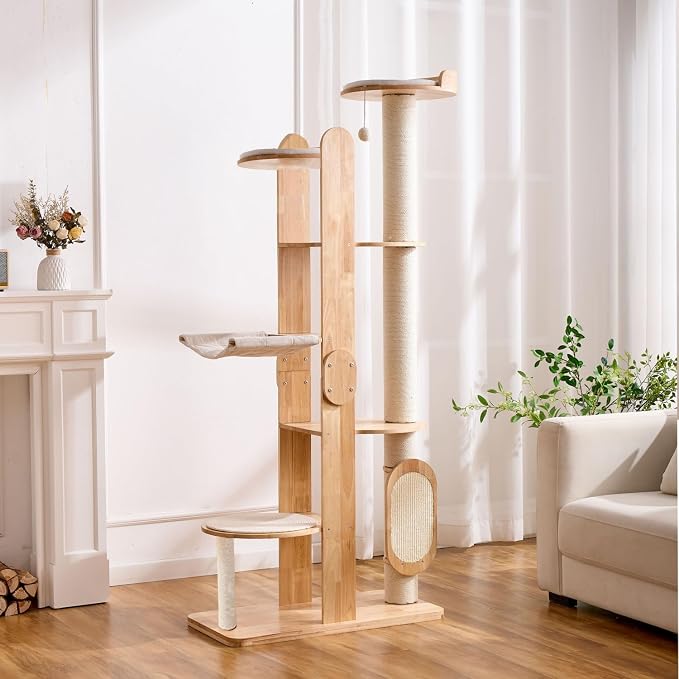 SHENGOCASE 72-Inch Modern Cat Tree Tower Condo for Large Cat, Natural Rubber Wood, Multi-Level Ladder with Hammock, Sisal Scratching Post, Large Perch Platform