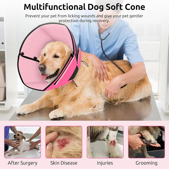 Queenmore Dog Cone XL, Soft Dog Cones for Large Dogs After Surgery, Cone for Dogs to Stop Licking, Elizabethan Collar for Pet, Alternative to Recovery Collar for Large Breeds, Pink XL