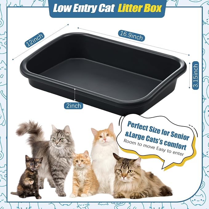 Uiifan 3 Pcs Extra Large Low Entry Cat Litter Box for Senior Kitty Pet Open Top Litter Box for Senior Kitten Handicap Disabled Older Elderly Cats, Easy to Clean(Dark Gray,16.9 x 12 x 3.15 Inches)