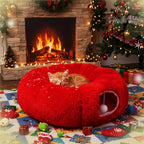 Thyle Christmas Cat Tunnel Bed Under Christmas Tree for Indoor Cats Xmas Pet Donut Tunnel with Cushion Foldable Round Pet Toy for Small Animals Kitten(3ft X 3ft X 9.8in,Red,Plush)