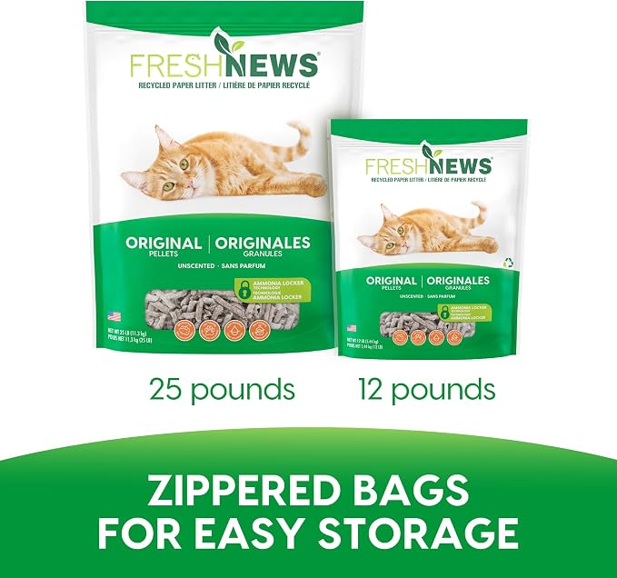 Fresh News Recycled Paper Original Pellet Cat Litter, 12 Pound, Non-Clumping, Unscented, Made in USA