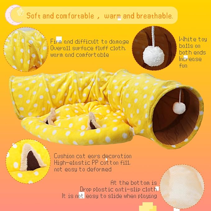 BWOGUE Bunny Tunnel Bed, 2-in-1 Collapsible Rabbit Tunnel Hideout with Mat | Removable Mat for Washing, 46.8 in Length, Ball Toy for Play, Soft Suede Fabric, Cats Rabbits Guinea Pigs