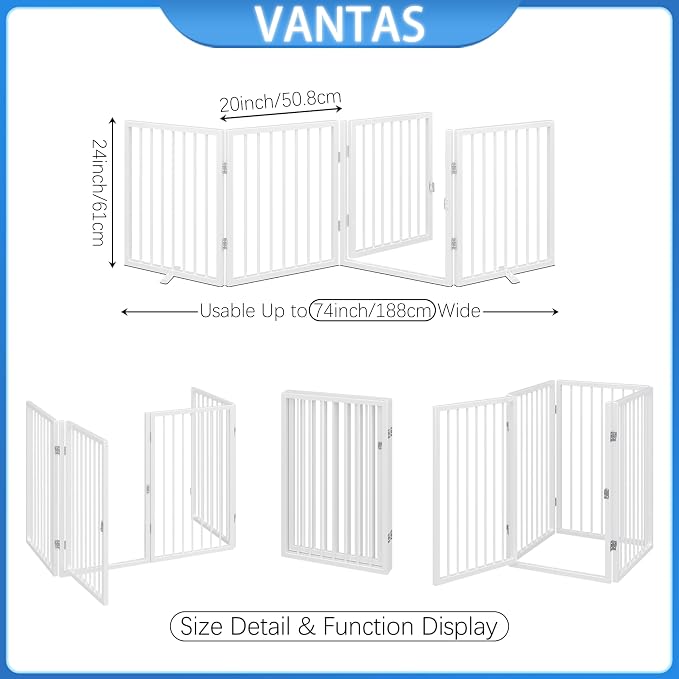 Vantas 80" x 24" Foldable Freestanding Extra Wide Dog Gate with Door,White | Pet Gate for Stairs and Doorways, Renter Friendly No Drill, Indoor Pet Fence Extra Wide, Easy Storage, With Support Feet