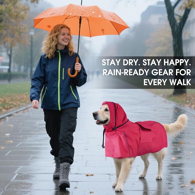 Dog Raincoat, Waterproof Dog Rain Jacket with Hood, Pink 4XL | Rain Coat For Gaint Dogs, Doggy Poncho With Leash Hole, Reflective Strips, For Rainy Snowy Weather Walks, Hiking, Camping