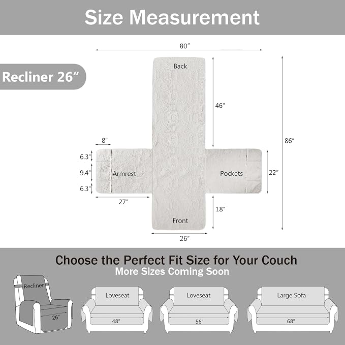 Quilted Recliner Chair Covers, Soft Lazy Boy Chair Covers, Water-Repellent Medium Recliner Covers, Pet Friendly Chair Cover for Dogs Cats, Washable Sofa Cover (Recliner 26", Arctic White)