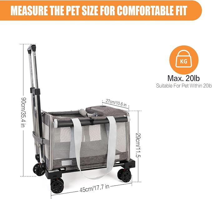 Pet Carrier with Wheels - Soft-Side Wheeled Cat Carrier for Dogs with Telescopic Handle, Collapsible Rolling Pet Travel Bag Carrier for Large Cats Small Medium Dogs for Camping Vet Visiting Grey
