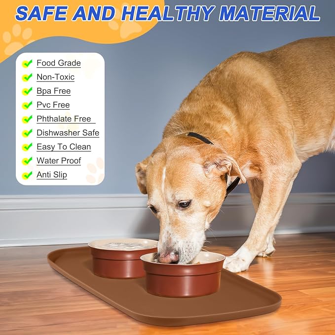 SMILOOL Silicone Pet Food Mat with Raised Edge for Food and Water Bowl, Dog Feeding Mats, Cat Food Trays for Floor Waterproof, Rubber Tray for Dogs and Cats, 19 x 12 x 0.7 Brown