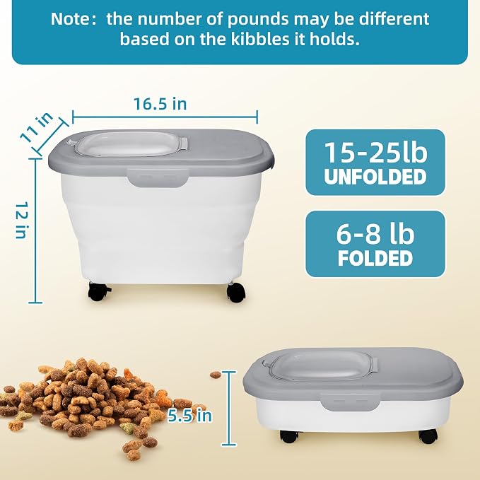 Pet Food Container, Collapsible Dog Food Storage Container with Detachable Casters & Airtight Lid for Keeping Dry Kibbles, With Dog Food Scoop and Measuaring Cups