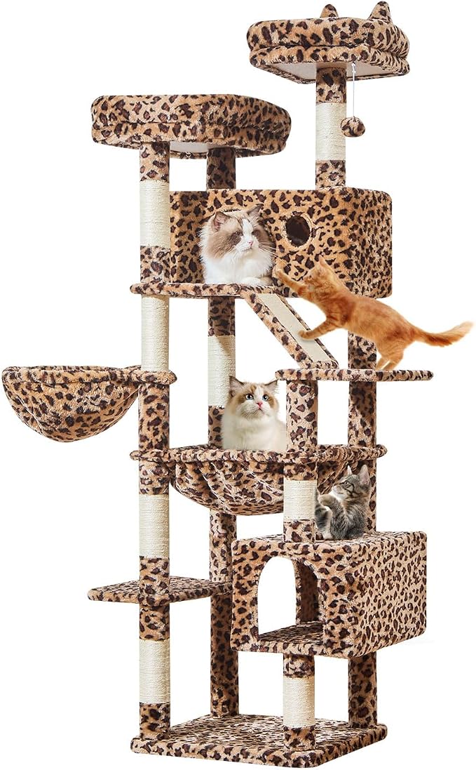 Taoqimiao Cat Tree, 71 in Extra Large Cat Tower for Inddor Cats, MS026LBW | 2 Large Cat Condos, 2 Cute Perches, Metal Frame Cozy Hammock, Durable Scratch Board, 8 Natural Sisal Posts, Basket, Leopard