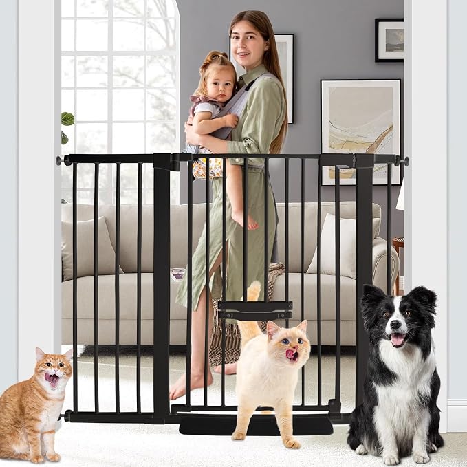 SHYUJAJIE 37 Inch Tall Baby Gate with Small Cat Door | Adjustable 29.55"-46.06 "Wide,Auto Close Dog Gate Easy Walk Thru Pet Gate for Stairs, Doorway, House, Pressure Mounted