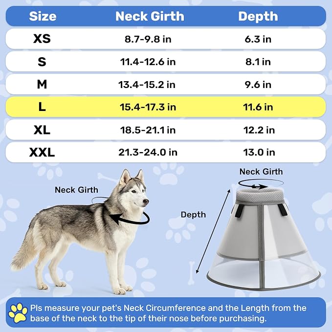 WinWeal Upgraded Soft Dog Cone Collar for Large Medium Dogs After Surgery – Adjustable Transparent Recovery Collar, Breathable Elizabethan E-Collar for Wound Healing & Anti-Licking (L, Grey)