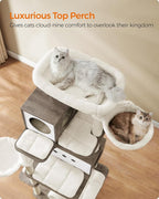 Feandrea Cat Tree, 75.6-Inch Modern Cat Tower, Tall Multi-Level Condo with 2 Caves, 2 Hammocks, 4 Scratching Posts, Self-Groomer, Tunnel, Perch, Heather Greige UPCT193G01