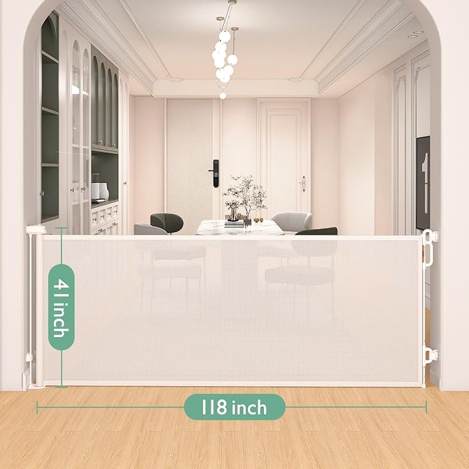 Momcozy Extra Wide Retractable Baby Gate for Large Opening | 41-Inch Tall, Extends to 118-Inch Wide, for Large Openings, Doorways, Hallways, for Dogs and Cats, Indoor/Outdoor Baby Gate
