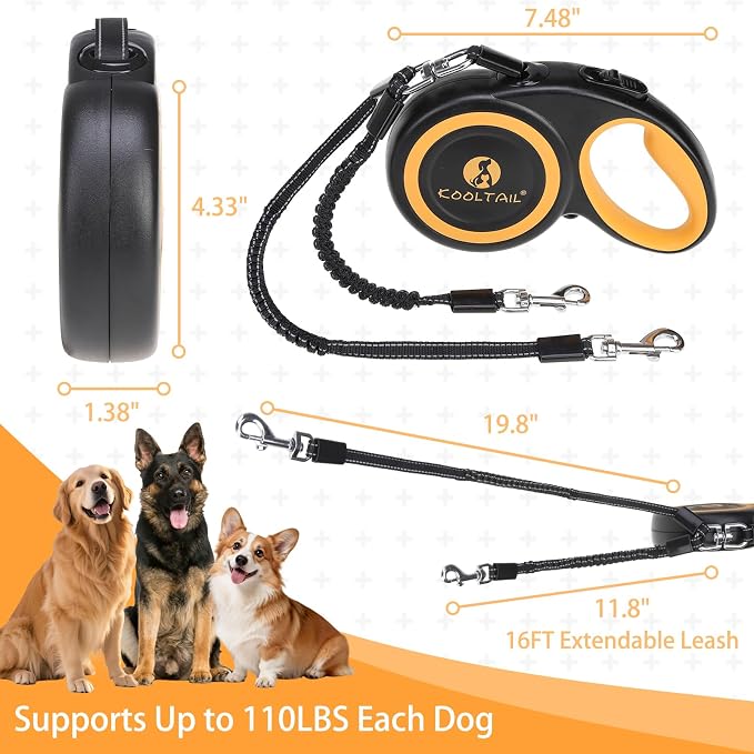 KOOLTAIL Dual Retractable Dog Leash for Two Dogs Up to 110 Lbs, Heavy Duty Double Headed 16 ft Extendable 360° Tangle-Free One Button & Lock Leash Shock Absorbing Bungee for Small Medium Large Dogs