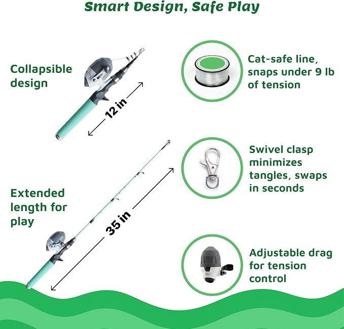 Meowy Cat Wand Toy – Cat Fishing Pole Toy with Reel The Cat Fish Fishing Rod, Telescopic Fiberglass Interactive Teaser Wand for Indoor Cats with Catnip Dental Mesh Attachments