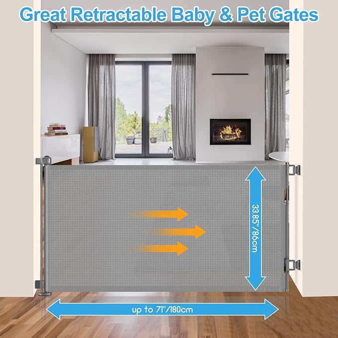 EZIGO 71 Inch Retractable Baby Gates Extra Wide Baby Dog Gate for Stairs | 34 Inch Tall Retractable Dog Gate, One-Hand Operation Mesh Safety Pet Gate for Deck, Porch, Doorways Indoor Outdoor, Gray