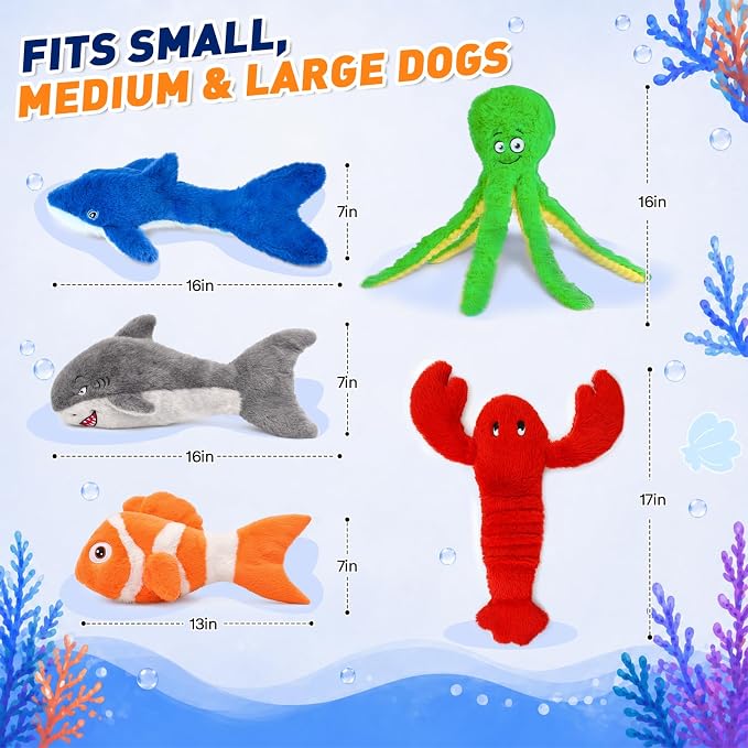 No Stuffing Squeaky Crinkle Dog Toys, 5-Pack Ocean Animal Plush Set | For puppies and small, medium & large dogs | full-body crinkle and squeaker in every toy | easy to carry, toss and shake