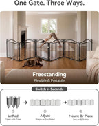 No Pawblems Full Metal Free Standing Dog Gate with Door, 30'' Tall Foldable Freestanding Pet Gate for Indoor & Outdoor, Up to 156 Inch Extra Wide Dog Fence for Doorways, Stairs, Deck, Yard - Black