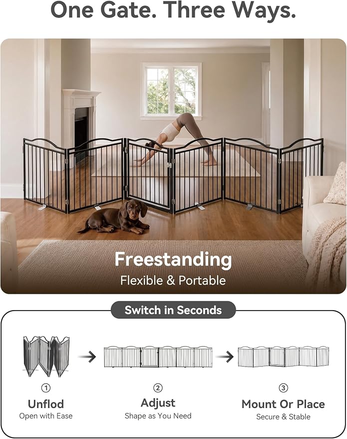 No Pawblems Full Metal Free Standing Dog Gate with Door, 30'' Tall Foldable Freestanding Pet Gate for Indoor & Outdoor, Up to 156 Inch Extra Wide Dog Fence for Doorways, Stairs, Deck, Yard - Black