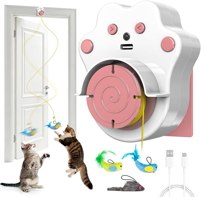 Interactive Cat Toys for Indoor Cats, Automatic Flying Bird & Mouse | Chase Exercise Enrichment Stimulation, USB Large-capacity Rechargeable Electric Door Hanging Toy for Bored Kitten & Adult Cat