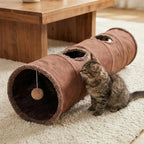 51"x 12" Collasiple Cat Play Tunnel, Cats Tubes and Tunnels, Cat Foldable Hide and Seek Tunnel Toy, Brown Suede Pet Tube Toy for Rabbits, Ferrets, Puppy, Diameter 12 Inch
