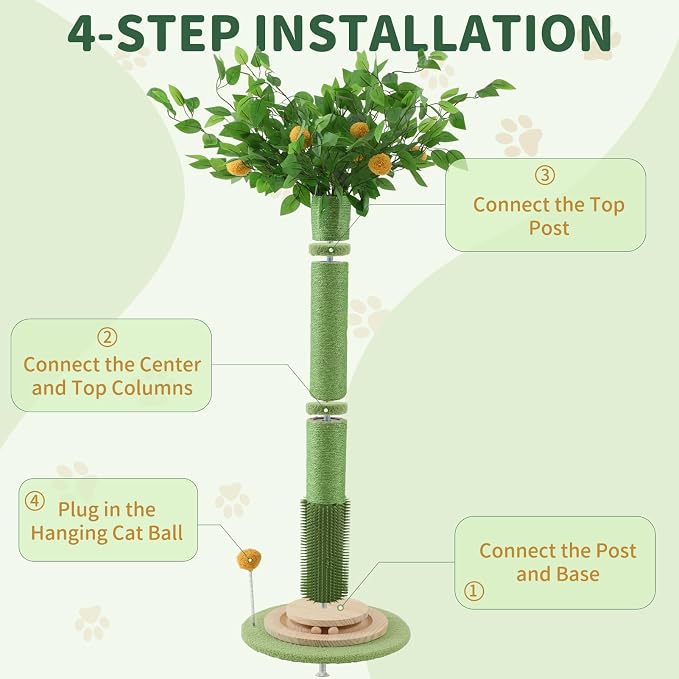 46" Tall Cat Scratching Post, Natural Sisal Cat Tree for Indoor Adult Cats | Vertical Cat Scratch Post for Body Stretching, Self-groomer Brush, Stable 3-layer Solid Wood Base, Interactive Ball Track Toy