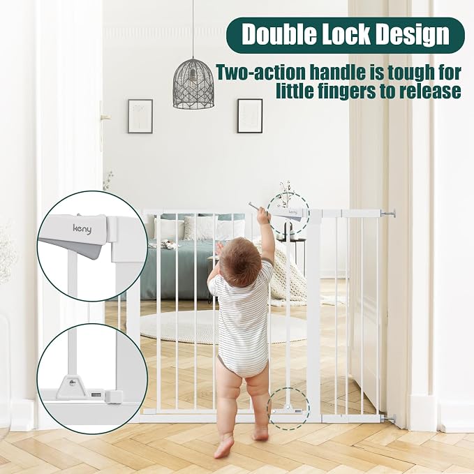 keny 29.7"-51.5" Extra Wide Baby Gate for Stairs, Easy Walk Thru Dog Gate | 21.1" Large Opening Door, Pressured Mounted No Drilling Pet Gate, 30" Tall, White