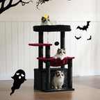 Heybly Cat Tree, Kitten Tower with Large Soft Cat Basket HCT008SBR | Cat Condo with Spacious Cat Bed Cave with Hidden Space, Sisal Scratching Posts, Dangling Ball for Indoor Cats, Black and Red