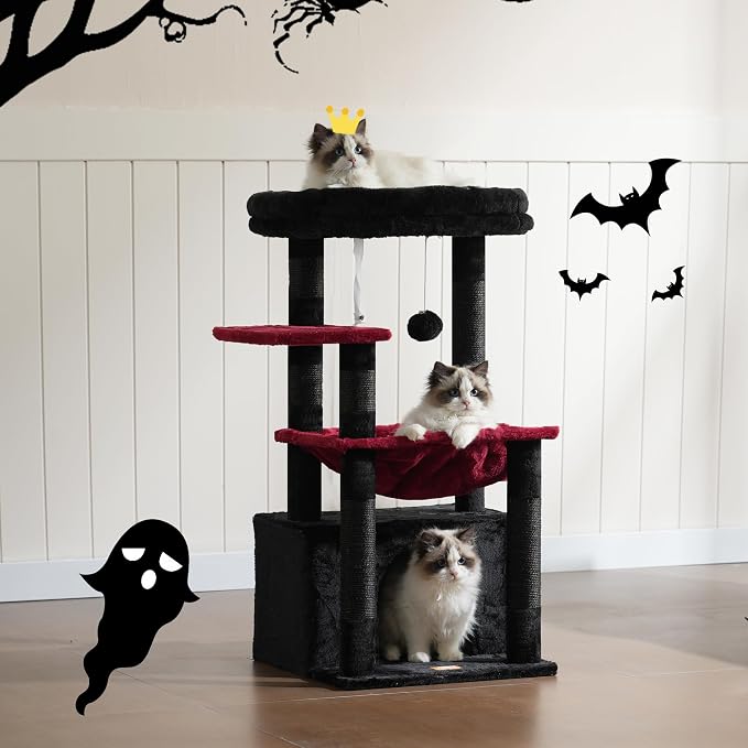 Heybly Cat Tree, Kitten Tower with Large Soft Cat Basket HCT008SBR | Cat Condo with Spacious Cat Bed Cave with Hidden Space, Sisal Scratching Posts, Dangling Ball for Indoor Cats, Black and Red