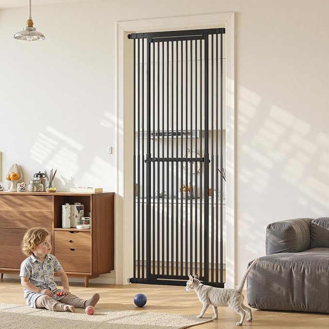 Gardner Pet 51"-87" Extra Tall Cat Gate for Doorway, Wide Adjustable 27.56"-37" Baby Gate Included 4 Extension Kits, Pressure Mounted Safety Full Door Gate for Stairs, Studio, Kitchen (Black)