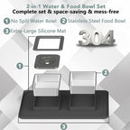 Dog Bowl Set, No Spill Dog Water and Food Bowl with Silicone Mat | Large Capacity 304 Stainless Steel Bowls, 2-In-1 Set, Slows Drinking, Anti-Slip Silicone Feeding Mat, Home/Travel, 6-7 Cups