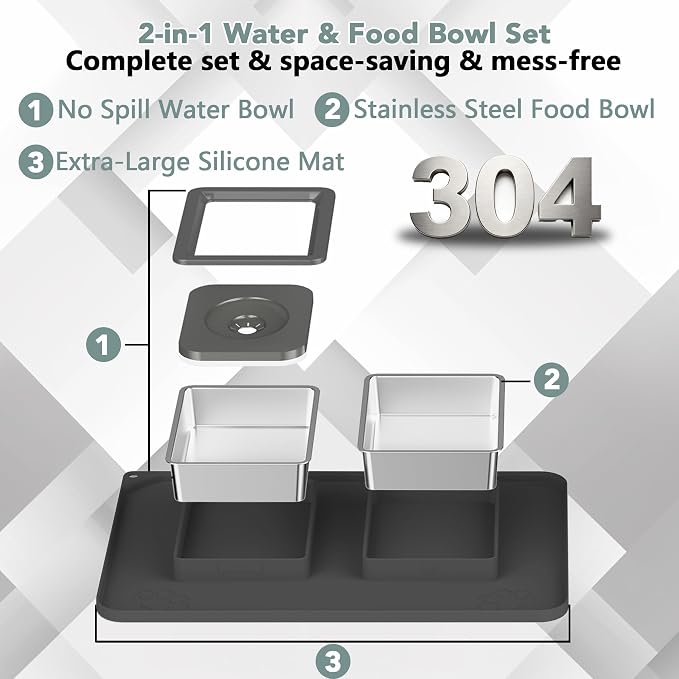 Dog Bowl Set, No Spill Dog Water and Food Bowl with Silicone Mat | Large Capacity 304 Stainless Steel Bowls, 2-In-1 Set, Slows Drinking, Anti-Slip Silicone Feeding Mat, Home/Travel, 6-7 Cups