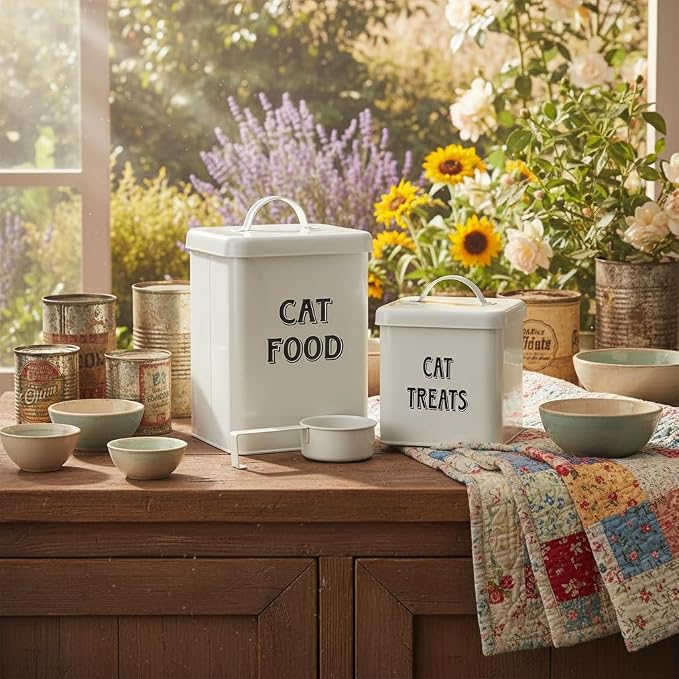 Morezi Farmhouse Cat Food Storage Container with Lid and Scoop, Pet Food Treats Holder, Sturdy Canister Tins for Kitchen Countertop, Shelf, Great Gift for Pet Owners, 5 lbs