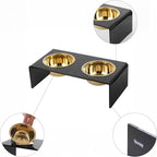 DBL2000B Keaton 5" Small/Medium Modern Lucite Rectangular Elevated Pet Feeder with 20oz 2-Stainless Steel Bowls, Black/Gold