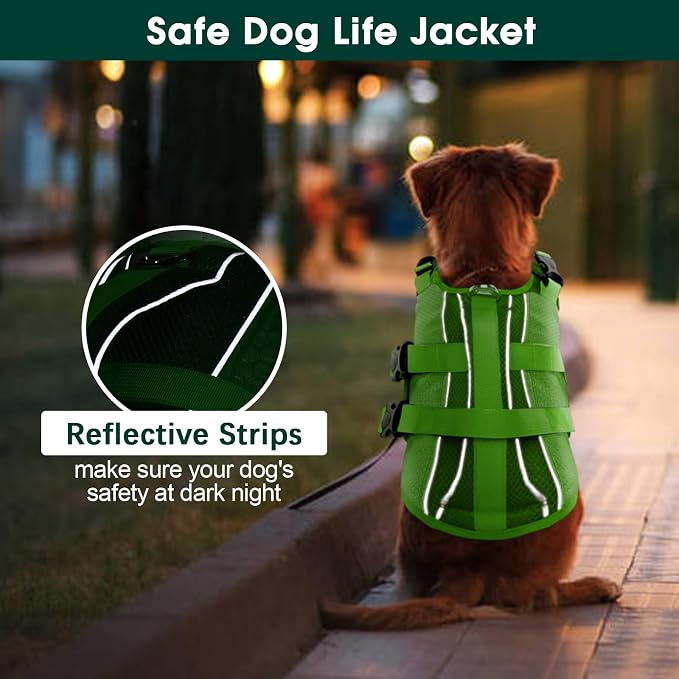 Kuoser Dog Life Jacket, High Flotation Reflective Dog Life Vest, Green, XXL | Adjustable Dog Lifejackets for Small Medium Large Dogs, Lifevest with Rescue Handle for Swimming, Boating, Lake, Beach & Pool