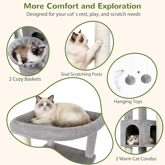 Globlazer C64 Heavy Duty Corner Cat Tree, 64in Large Cat Tower, Light Grey | Easy Setup, Maine Coon, Extra-Large Top Perch, 2 Condos, 2 Hanging Baskets, 4 Sisal Scratching Posts, Anti-Topple Strap