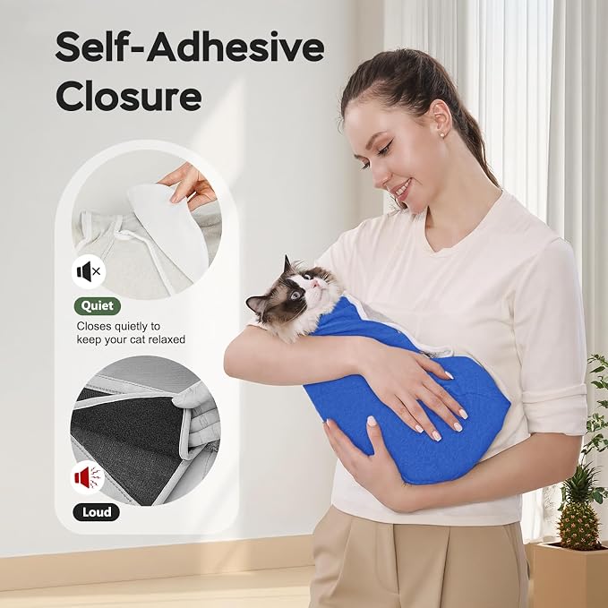 Cat Wrap for Cutting Nails, Self-Adhesive Cat Nail Clipping Restraint Bag, Anti-Scratch Cat Grooming Wrap Swaddle for Meds, SubQ Fluids, Ear Cleaning, Teeth Brushing & Vet Visits,Blue,L