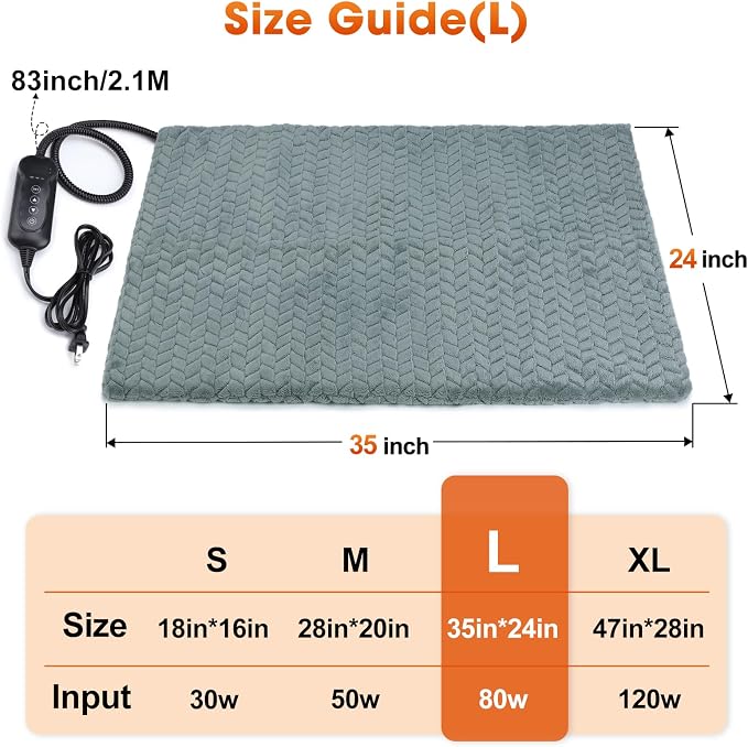 GASUR Pet Heating Pad for Dogs, Waterproof Cat Heating Pad with Timer Temperature Adjustable, Indoor Heated Electric Pet Bed for Cats Dogs, Anti-bite Pet Heated Pad, 35''x24'', Large