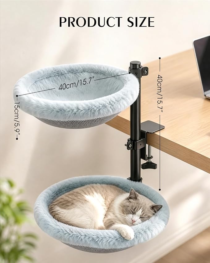 2-Tier Cat Desk Bed, Purrlato Lockable 360° Swivel, Steel Frame, 15.7-Inch | for Large Cats, Adjustable Clamp 0.5-3", Dual-Sided Cushion, 11-14" Height, No-Drill Mount, Machine Washable, Anti-Slip Base