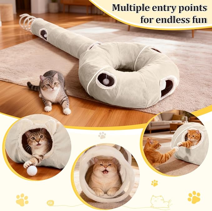 Ownpets 2-in-1 Cat Tunnel Large Lollipop Collapsible Cave Plush,12"D, Beige | Foldable Tunnel Bed, Fluffy Ball, Multi-Exit Maze, For Cats Kittens Puppies Rabbits, Soft Plush, Easy Store, Cozy Hiding Spot