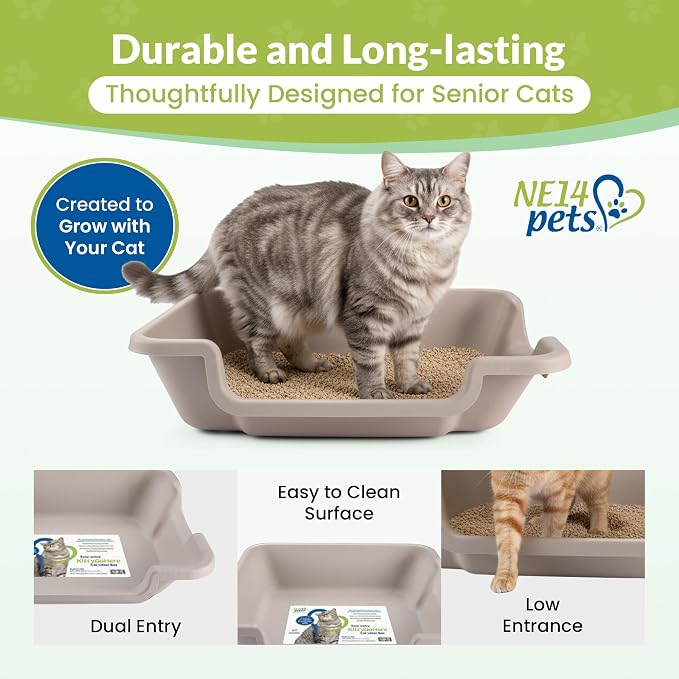 KittyGoHere 2.0 Easy-Entry Cat Litter Box – Large Open-Top Low Entrance Litter Pan with Higher Sides & Two Entrances – Ideal for Senior & Arthritic Cats – Made in USA (Grey) | Large Open - Top Low Entrance Litter Pan With Higher Sides & Two Entrances D...