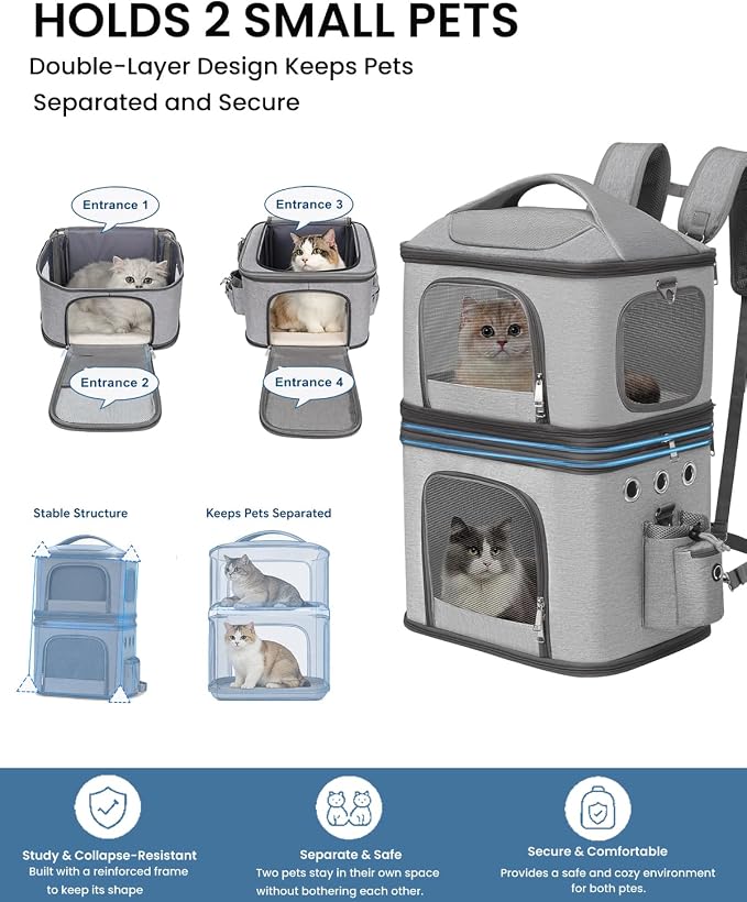 HOVONO Detachable Double Cat Backpack Carrier for 2 Pets | Pet Backpack Carrier for Small Cats & Dogs, Perfect for Traveling/Hiking /Camping/Vet Visits, up to 16 lbs Each, Grey