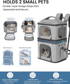 HOVONO Detachable Double Cat Backpack Carrier for 2 Pets | Pet Backpack Carrier for Small Cats & Dogs, Perfect for Traveling/Hiking /Camping/Vet Visits, up to 16 lbs Each, Grey