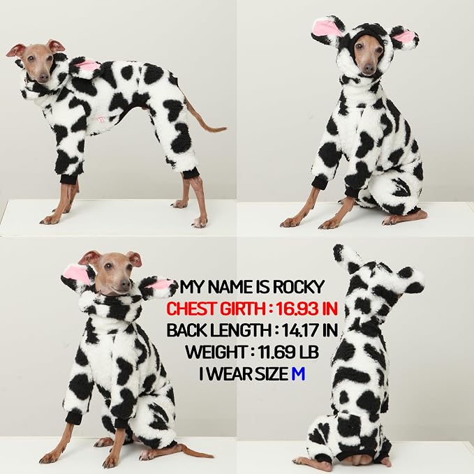 D Doggy Star Italian Greyhound Clothes Winter Warm Fleece Cow Print Sweater Jumpsuit with Snood Turtleneck, Fits Small Whippets (XL,Onsi Cow Print)