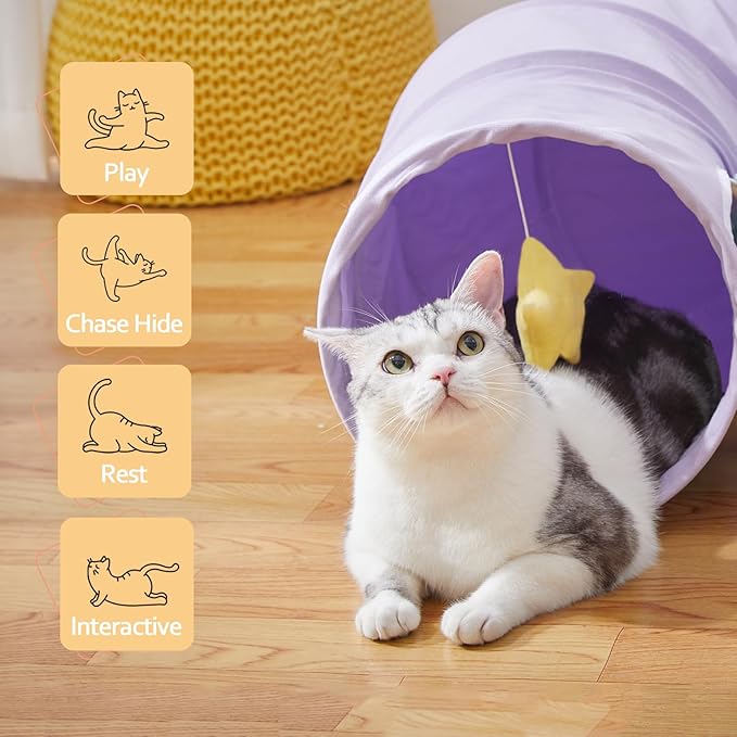 Cat Tunnel, Large Indoor Durable Collapsible Interactive Cat Tube with Peek-A-Boo Hole, Hanging Toys, and Crinkly Paper Lining - Cute Tunnel for Cats, Kittens, Puppies & Rabbits, Purple