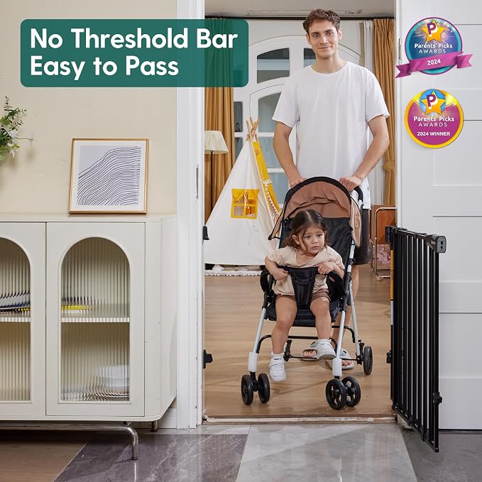 Babelio No Bottom Bar Baby Gate, 28" H x 26-43" W, Black | Easy Install| One-handed Opening| Auto-close| Drill Needed Indoor Safety Dog/Pet Gate for Stairs, Hallways & Doorways