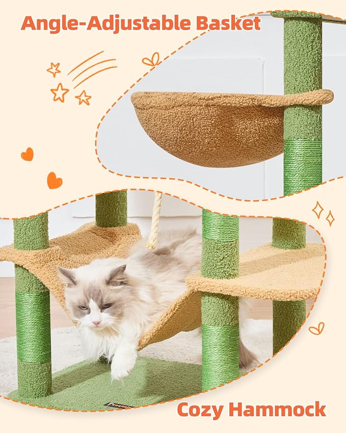 Taoqimiao Cactus Cat Tree, 66.2 in Tall Cat Tower with 2 Plush Cat Condos | 7 Scratching Posts, 2 Top Perches, Cozy Hammock & Basket, Indoor Cats, 2 Pompoms & Mouse Toy, MS013T